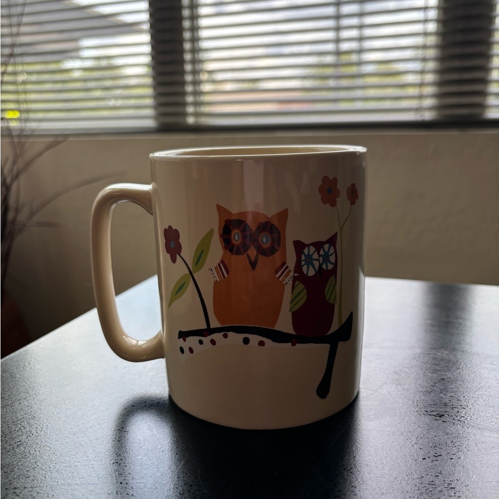 The Old Pottery Co. vintage owl on a tree coffee mug